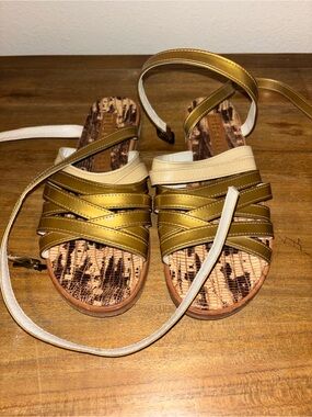 Freda Salvador Gold and Cream Strappy Wrap Sandals